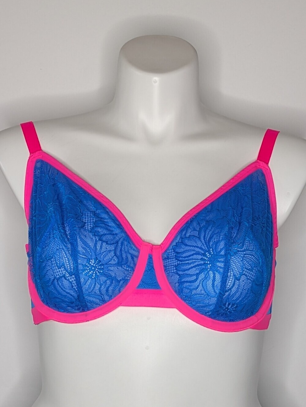 Cacique Blue Pink Lace Unlined Demi Bra 44C